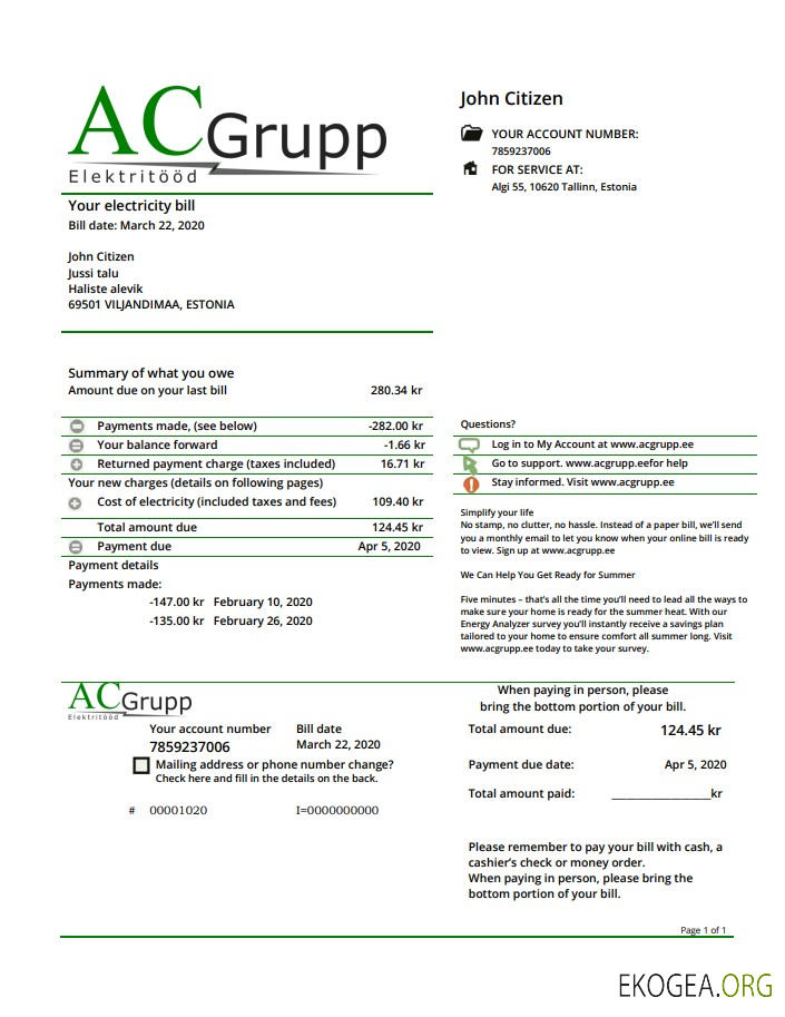 Estonia AC Grupp OÜ electricity utility bill template in Word and PDF format